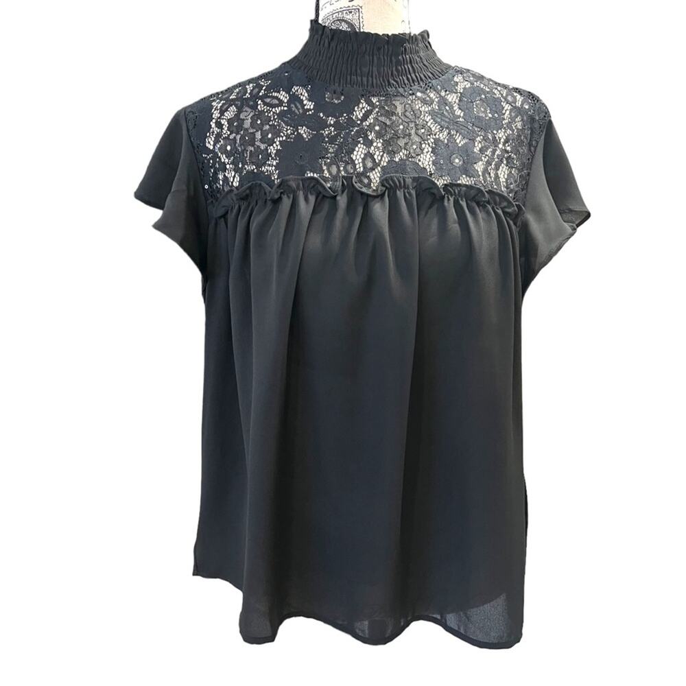 Reese women Medium Blouse Black Sparkle Lace Sheer flutter sleeve Goth Wednesday - Picture 3 of 15